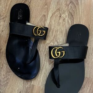 Gucci Black Leather Sandal with Gold GG Emblem